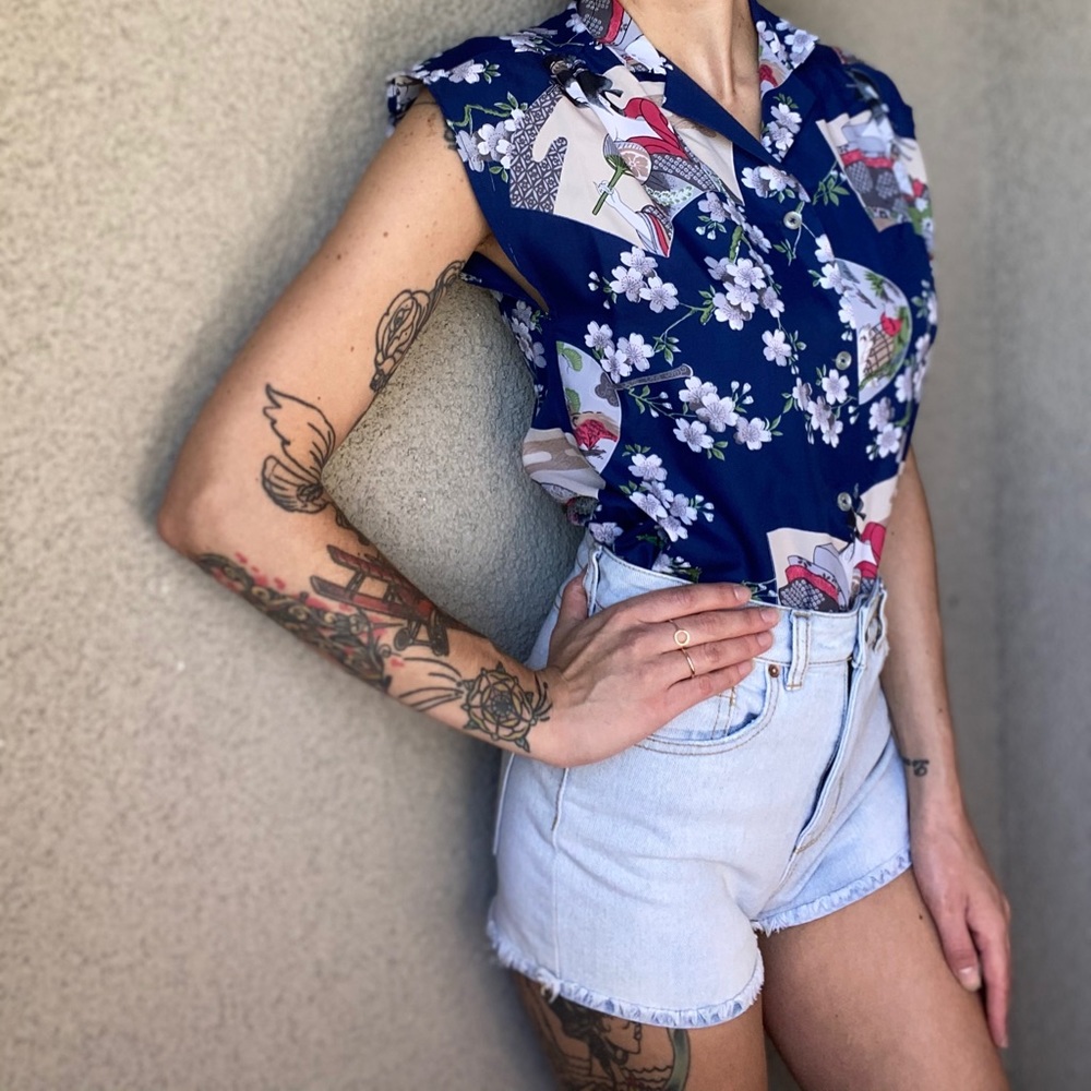 Sleeveless Vintage Japanese Navy Floral Button-Down Shirt
